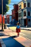 Placeholder: tableau d'une petite fille marchant dans une rue de la ville à la manière de EDWARD HOPPER