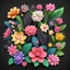 Placeholder: Mother's Day different varieties of flowers and leaves on a black background. 3D vector cartoon asset, mobile game cartoon stylized, clean and detailed.