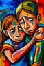 Placeholder: a girl hug her brother and both crying sadly, expressionism, Pixar style, in abstract art Basquiat, Picasso, Miro, Kandinsky, Klee, Birell, Fairey, Ardon, Buffet and Picasso style, HD --s 750 --v 5.1 --style raw, water color