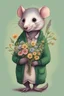 Placeholder: Green opossum wearing cardigan holding a bouquet of wildflowers cute art