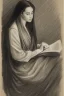 Placeholder: Pencil sketch of Young woman, Arab features,sad, long wavy hair, reading a book, full body، on lined paper