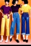 Placeholder: year 1996 denim fashion. Loose fit, low waist. Colors: denim blue, blue, purple, khaki, light green, lilac, plum, orange, terracotta, red, light yellow, lion yellow, pink, dark blue, beige. Women models.