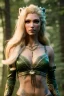 Placeholder: Druid character, young woman, cougar ears, cougar tail on lower back, blonde hair, long hair, green eyes, scars on body, animal hide armor, waist up portrait, 4k resolution, intricate details, ornate details, soft lighting, vibrant colors, retroanime, masterpiece, intricate eyeliner, dark eyeshadow, eyes, intricate tattoos, natural background