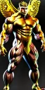 Placeholder: golden venom man with big muscles and big claws and purple smoke