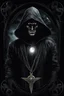 Placeholder: man with glowing eyes in dark hood, on his chest mystic witch medal, vampire man, black hair, dark shadows, dark fantasy, surreal, black, goth, gothic, mystic, mist, Moon, crepy stunning