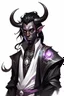 Placeholder: En Young male Black skin black hair tiefling White Wizard with large Black horns with a bit of Purple horns same size going from the front to the back. glowing Silver and White symbols