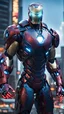 Placeholder: [iron man], muscles, highly detailed eyes, perfect body, detailed with dark blue and black cybernetics and armor, city background, intricately detailed, hdr , 8k, subsurface scattering, specular lighting, high resolution, octane rendering, neon ray tracing,