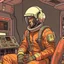 Placeholder: Moebius style scifi pilot with headphones, pilot helmet and exosuit sitting in a starship cockpit with solid earthy colors with a desert and dusty station in the background