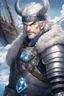 Placeholder: in anime style,1older man, a man with blue eyes and black hair man in silver Viking armor with fur around the neck with blue crystal on his chest holding an axe in his hands standing on a pirate ship in the artic, warrior in anime style,