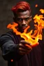 Placeholder: tall and handsome black man that has deep brown eyes and fiery red hair using fire magic