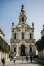 Placeholder: neoclassical church with steeple with people walking out of it
