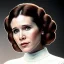 Placeholder: analog style, half-length color photo shoot, three-quarter face pose of carrie fisher as Princess Leia with realistic fine and very simple short hair, entrancing deep brown eyes, Intricate, High Detail, Sharp focus, realism, rim lighting, Nikon D850, ef 85mm 5.6 by Annie Leibovitz, dark plain background