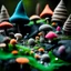 Placeholder: Close-up photograph of a spooky dark landscape made of felt, animals, fungi, crystals, mineral concretions, extreme detail, intricate, colours, Tim Burton, rich moody colors, sparkles, bokeh, 33mm photography