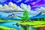 Placeholder: Clouds, mountains, tree, rocks, grass, lake, lake reflections, distant mountains, distant trees, impressionism painting