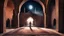 Placeholder: Hyper Realistic Photographic-View of a Man Worshiping-Namaz inside a prehistoric-brick-walled-mosque with pre-historic-carpets & Lalten on walls with moon-light-rays coming from outside Fancy-Mosque-Window at dark-night showing dramatic & cinematic ambiance.