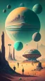 Placeholder: alien landscape with building and planets and people