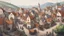 Placeholder: a detailed town view from atop a hill, distance view of a medieval town, with city clock, busy streets, fireplaces, horse carts, and other medieval stuff. colorful markers art, calm, beautiful