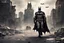 Placeholder: Batman going to vote. behind post apocalyptic cityscape