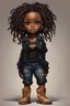 Placeholder: create a EXPRESSIVE OIL PAINTING image of a curvy size chibi dark skinned Black female wearing a black jean outfit with timberland boots. Prominent make up with brown eyes and lush lashes. Highly detailed dread locs