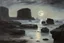 Placeholder: Grey blue sky, one exoplanet in the horizon, lagoon, cliffs, rocky land, mist, rocks, 90's sci-fi movies influence, cosmic future influence, trascendent, intergalactic influence, friedrich eckenfelder and alfred stevens impressionism paintings