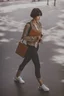 Placeholder: color photo of a student girl 22 years old ,short hair with her books in her hand walking in street,next to trees.