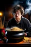 Placeholder: Angry Harry Potter use pot with chinese noodles beside the Hermione