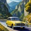 Placeholder: Painting, art deco, art nouveau, fast driving a Opel Olympia Rekord in italy, coast mountains 1980, Ultra HD, realistic painting, 8K