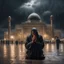 Placeholder: Hyper Realistic Man praying outside al-aqsa mosque at dark heavy rainy night with dark clouds