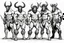 Placeholder: a creative line of creatures on the same specie: faun, satyr, centaur, minotaur from left to right. Standing for the purpose of a movie