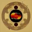 Placeholder: Ukiyo-e styled art, yin and yang sign, mountains and sun