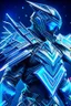 Placeholder: neon blue, flying parts of armor in form of triangles, cyber armor, geometric patterns on armor, male, orbiting triangle