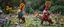 Placeholder: depth of field, halo, blue and red clothed gnomes riding mouse foxes with lances in garden of eden in the style of Escher and Giger