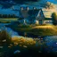 Placeholder: cottage , in the fields, Lake, airbrush, flowers by Van Gogh Modifiers: extremely detailed fantasy 8k oil on canvas very attractive dynamic lighting Unreal Engine cinematic postprocessing Van Gogh Thomas Kinkade glowing Craig Rutkowski