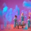 Placeholder: group of scientists is in the laboratory. invent new colors. smoke rises from multi-colored glassware. they are wearing overalls. color swatches in the background. hyperdetailed, orange and teal, warm colors, detailed painting, photorelistic, oil on canvas, light dust, futuristic. volumetric lighting