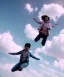 Placeholder: Ultra realistic clouds sky scene, medium shot view, portrait, sweet monsters Childs free jumping flying with trinkets, smile, happy, Wes Anderson style, inflatable color clothing, extreme, wind, clouds sea, 20,000 feet altitude, stratosphere, soft color, highly detailed, unreal engine 5, ray tracing, RTX, lumen lighting, ultra detail, volumetric lighting, 3d, finely drawn, high definition, high resolution.