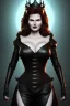 Placeholder: Geena Davis as evil queen in black leather, leather, busty, cleavage, angry, rage, stern look. character design by cory loftis, fenghua zhong, ryohei hase, ismail inceoglu and ruan jia. unreal engine 5, artistic lighting, highly detailed, photorealistic, fantasy