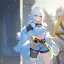 Placeholder: Clear focus, High resolution, rough line sketch art, short fluffy white hair, hair between eyes, fluffy hair, blue eyes, wearing a crop top, wearing shorts, detailed outfit, lots of details, bow on belt, white belt, white and blue everywhere on outfit, cut sleeve, yellow chains around outfit