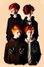 Placeholder: Act like a book cover designer. Use dark style. Grimmy black cat and three teenagers (13-15 years old) - two boys with ginger hair and frickles on their faces and a girl with brown long hair. Environment: old town.