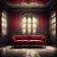 Placeholder: Hyper Realistic Dark Fancy Lounge with Fancy Couch & Grungy Red Damask Texture on Rustic off-white Wall with peeling & vignette effect at night from vintage windows