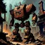 Placeholder: 90's fantasy tcg art of a giant junk robot made of multiple parts in the ruins of a post apocalyptic city