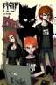 Placeholder: First plan: Black cat with three 13-15-year-old detectives - two good boys with red hair. One is tall and skinny, second is chubby and a girl with a punk look, dark clouds and brown hair, strong make-up. Second plan: a group of teenagers turned into computer-addicted zombies. Everything is located in an old town.