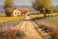 Placeholder: sunny day, mountains, trees, dirt road, flowers, spring, countryside, adobe house, wilfrid de glehn and rodolphe wytsman impressionism paintings