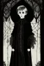 Placeholder: 7 year old boy, necromancer, friendly, looks dead, surrounded by weird smoke with eyes, wearing black robes, in the style of Harry Clarke