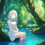 Placeholder: anime girl dressed in white dress, sitting in meditation pose with eye closed, very detailed, trees, blue birds flying, green trees, creek,water, eyes closed, sitting on a rock meditation pose