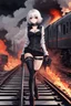 Placeholder: close-up gothic anime girl, white hair, tight outfit with gun on thigh, standing on a train track, smoke and fire surroundings, she is dull and dark, looks determined , train approaching behind her, anime manga style