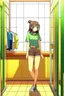Placeholder: anime girl in a changing room wearing short-shorts and putting on her shirt