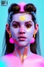 Placeholder: Ultra Realistic image, Rosalía artist, portrait, normal complexion, waist up portrait, two monkeys hair ,black eye long line, sweet face, t-shirt with holes, inflatable open coat, gold pink and blue style, spray glow make up, geometric led jewelry, fog, hot, inflatable style latex coat, vibrant color, highly detailed, art stations, concept art, smooth, unreal engine 5, god rays, ray tracing, RTX, lumen lighting, ultra detail, volumetric lighting, 3d, finely drawn, high definition.