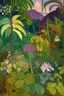 Placeholder: A light purple jungle with poisonous mushrooms painted by Paul Gauguin