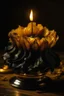 Placeholder: magic vintage candle made of whirlwinds, golden black, close-up, petals, realistic, botanical