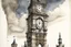 Placeholder: A gray giant and tall clock tower painted by Albrecht Durer